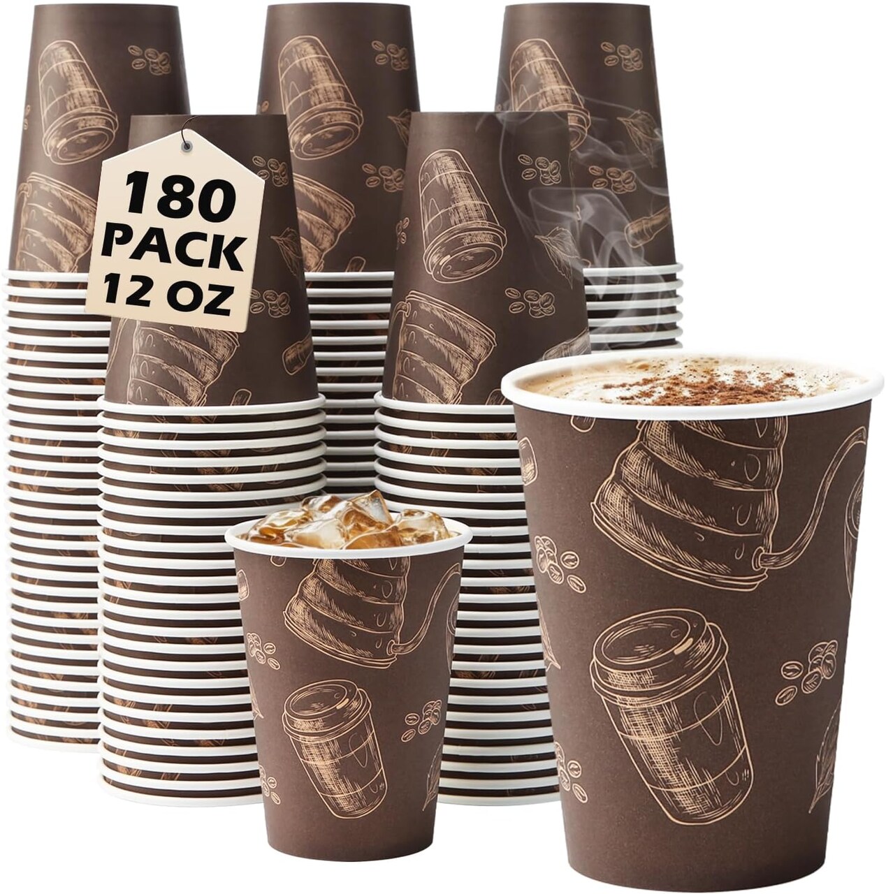 180-pack of 12 oz thickened paper coffee cups, disposable and perfect for hot or cold beverages. Ideal for office, home, and parties.